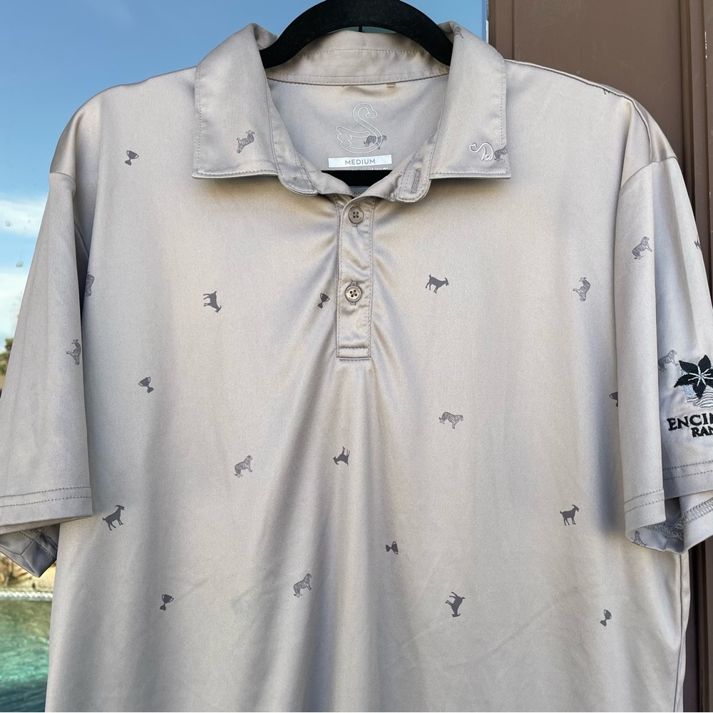 Swannies Grey w/ Allover Goats, Tigers & Trophies "Encinitas Ranch" Polo M